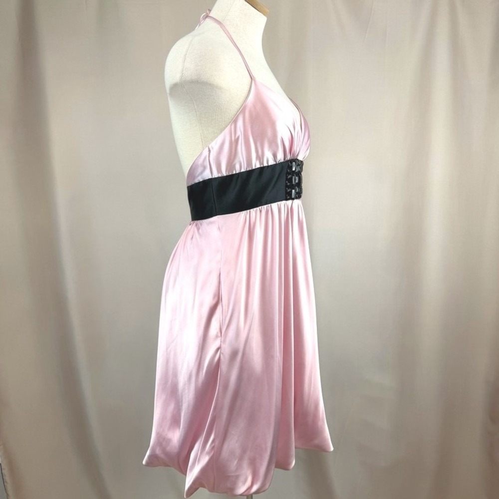 JESSICA McCLINTOCK (8) Pink Satin Halter Dress Pockets Y2K Party Prom Cocktail - Picture 3 of 10